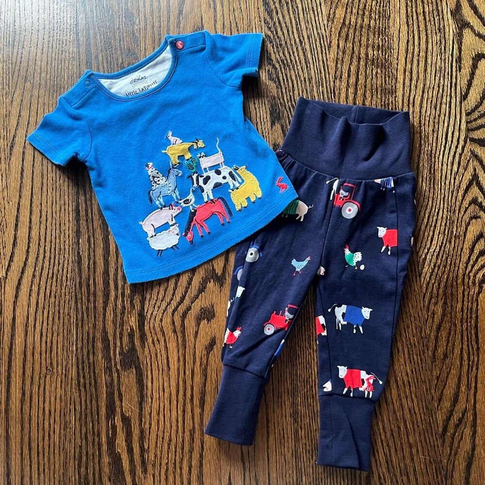 Joules Blue Farm Animal Pajama Set Top and Bottoms (0-3M)